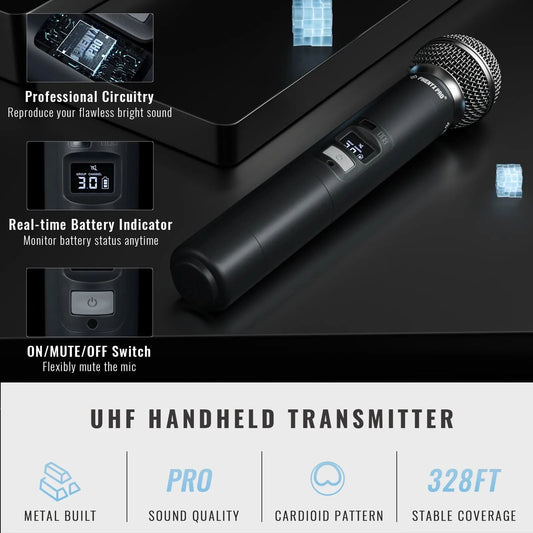 Phenyx Pro UHF Professionelles einstellbares Dual-Funkmikrofonsystem für Bühnenauftritte, robuste Metallkonstruktion, 100 m PTU71