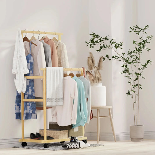 Bambus-Garderobe, Kleiderständer, Schwerlast-Kleiderregal mit Schuh- und Kleideraufbewahrungsablagen