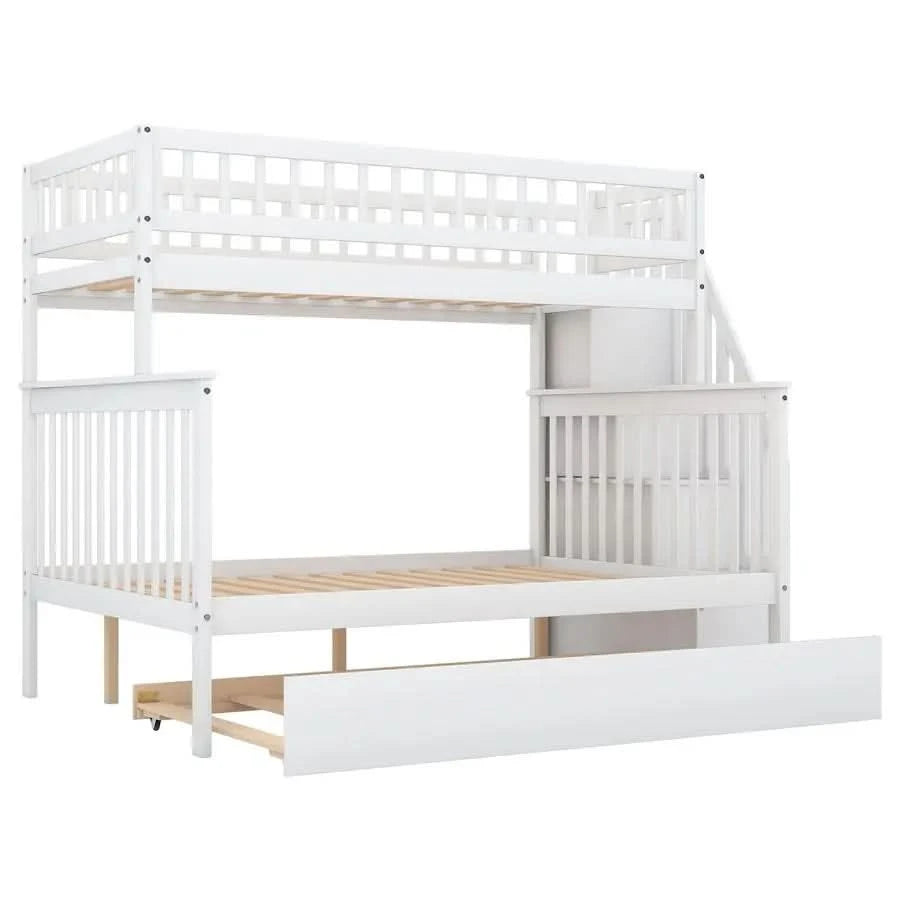 Harper Bright Designs Twin Over Full Bunk Beds with Twin Size Trundle Stairway, Solid Wood Bunk Bed Twin Over Full Size with St