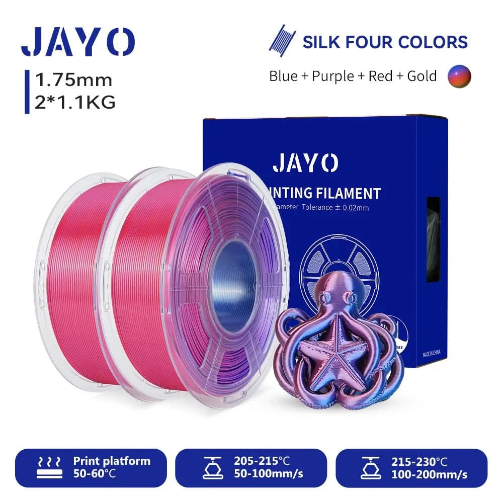 JAYO 3D Multicolor 4-Color Silk PLA+ Filament Bundle Silk PLA+ 3D Printer Filament 1.75mm +/- 0.02mm Shiny Silk Texture 2Rolls