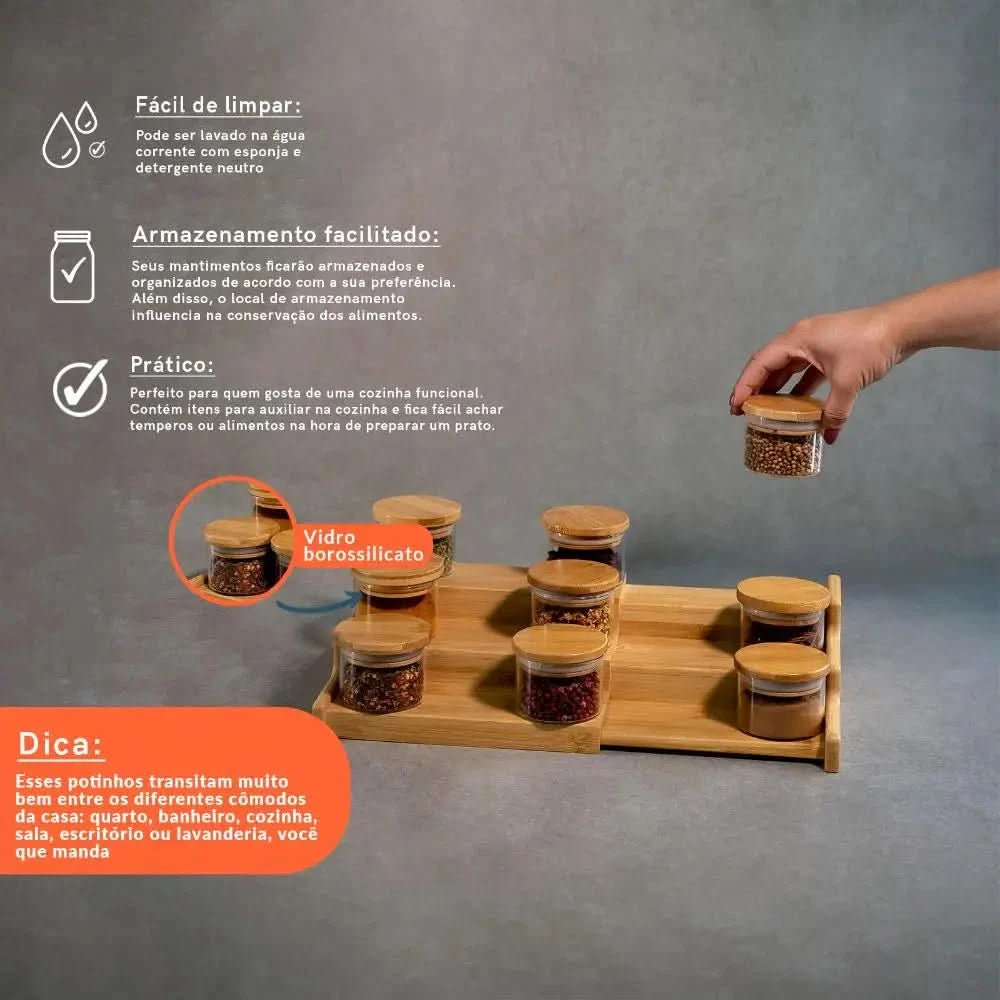 110 ml luftdichtes 9-er Set mit Bambusdeckel und Bambus-Organizer-Rack – Oikos