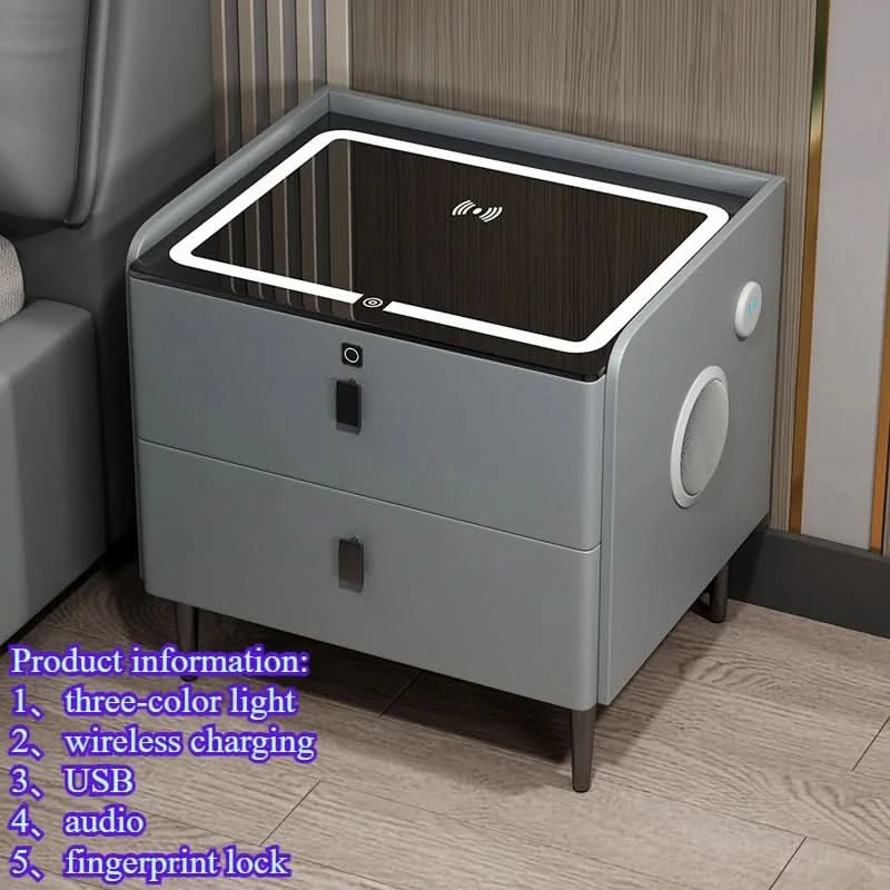 Bedside Table with Wireless Charging – 2-Tier Smart Nightstand with Lockable Drawer & Rechargeable LED Light