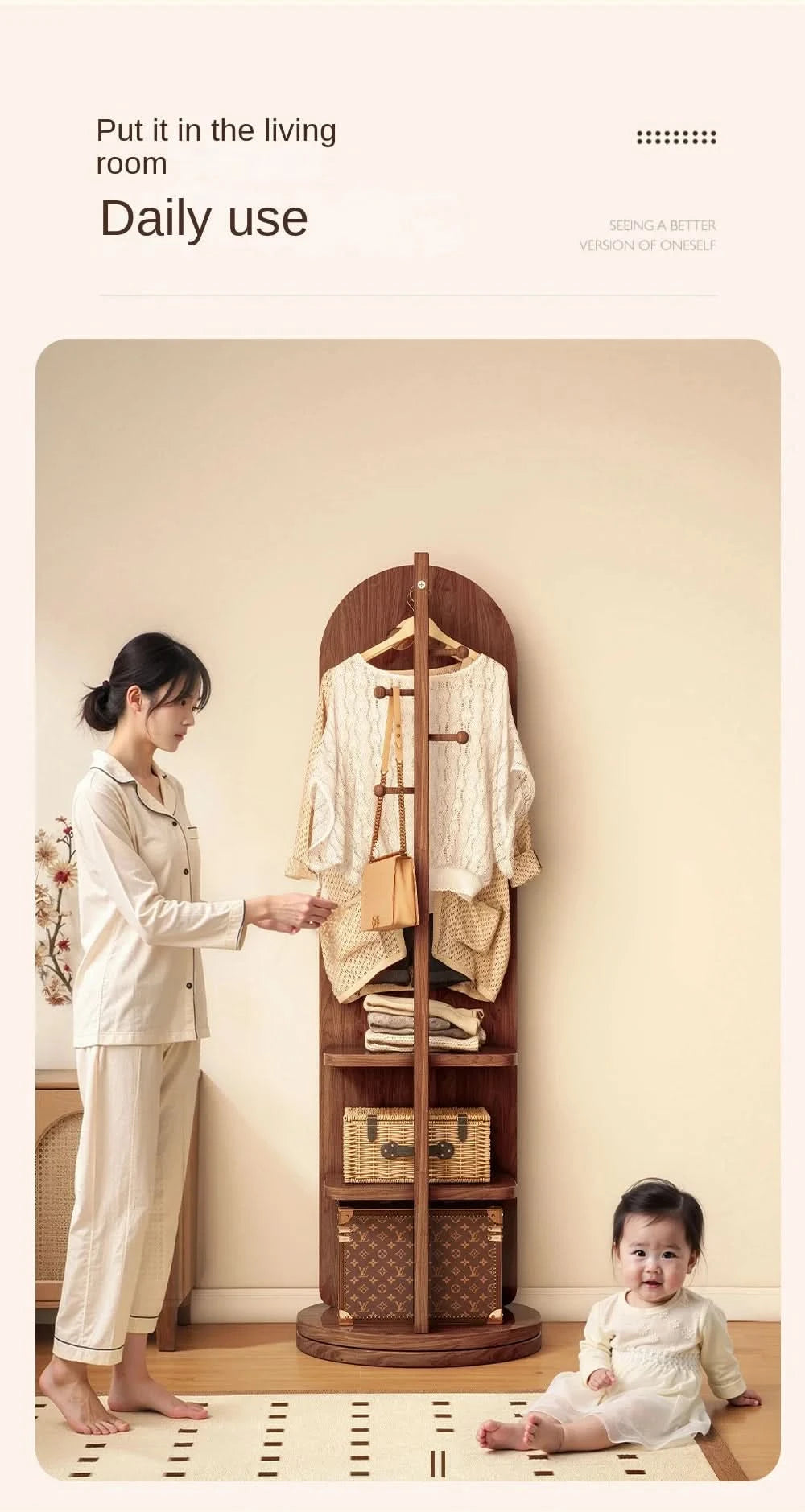 Full-length mirror with coat rack, rotating floor mirror, home bedroom dressing mirror, fitting mirror, multi-function mirror