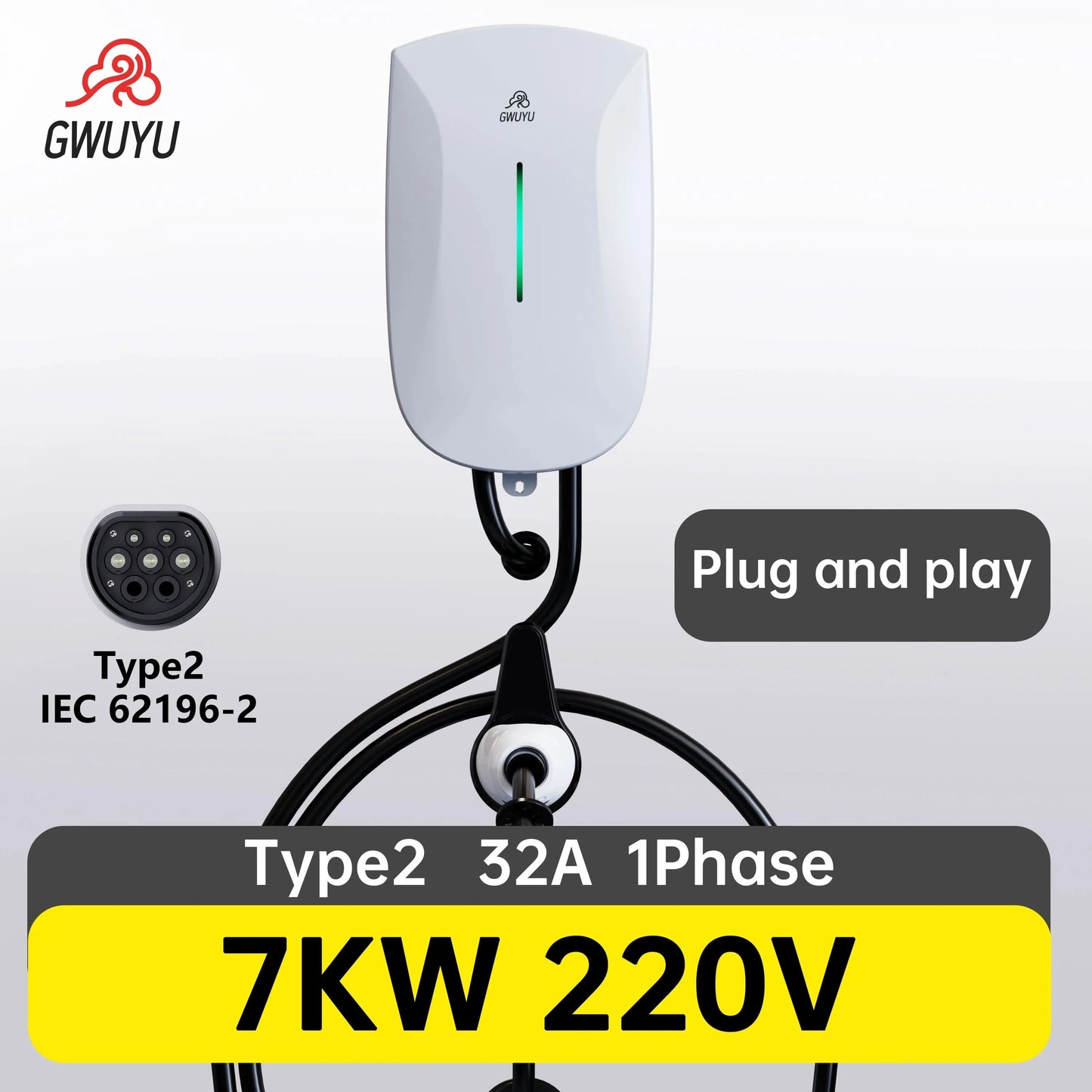 Wallbox EV Charger 32A 7KW 16A 11KW 22KW 3Phase Electric Vehicle Charging Station Type2 IEC62196-2 Socket 5m Cable Plug and Play