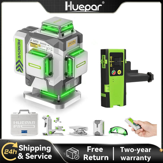 Huepar 4D Kreuzlinienlaser ±2 mm/10 m hohe Genauigkeit Selbstnivellierend Grüner Laser mit 8000 mAh Li-Ionen-Akku und Empfänger