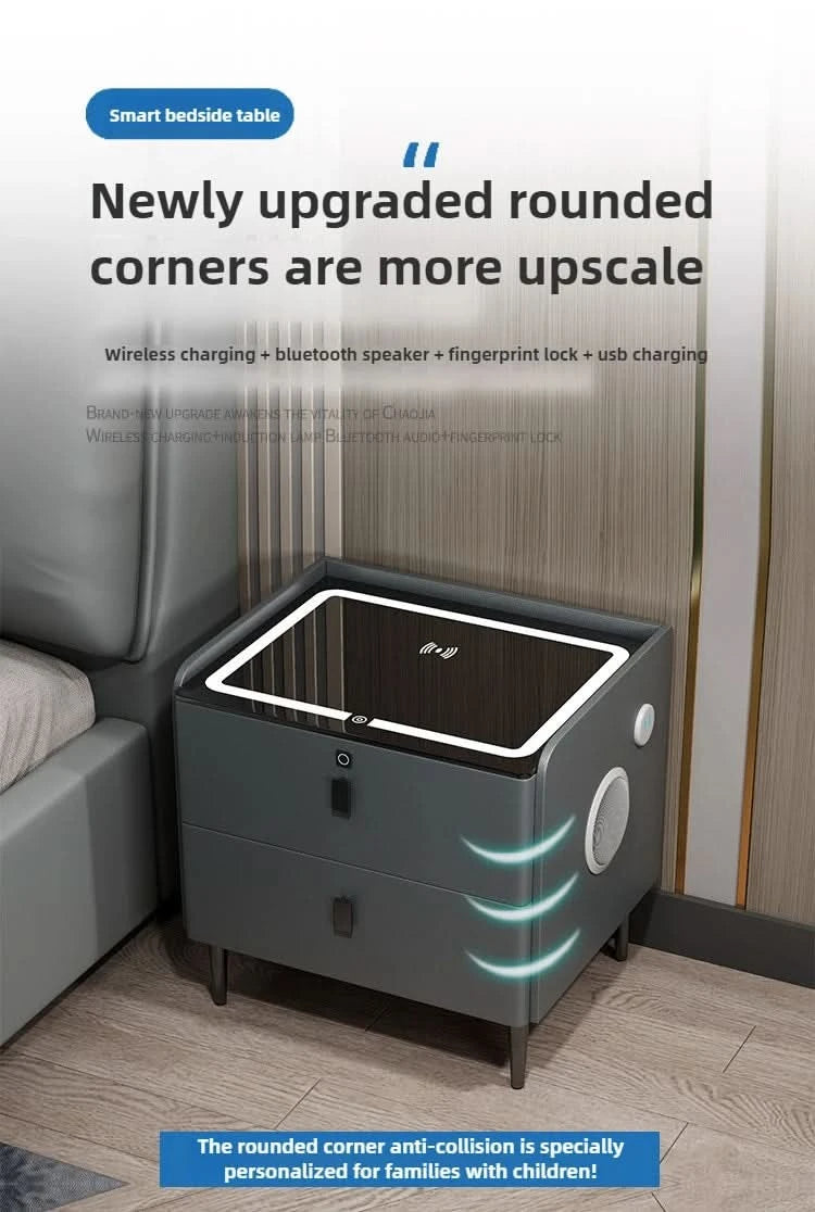 Bedside Table with Wireless Charging – 2-Tier Smart Nightstand with Lockable Drawer & Rechargeable LED Light