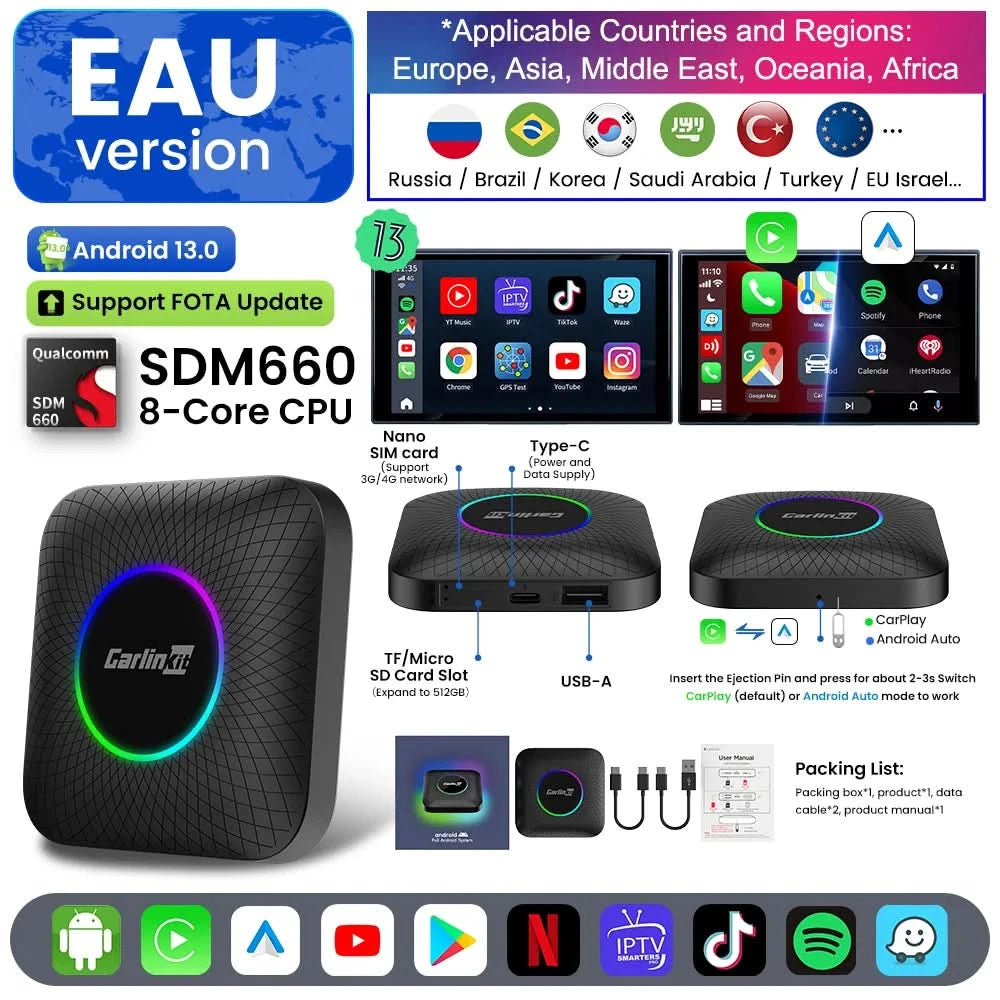 Carlinkit SDM660 Aibox Android 13 USB-A CarPlay Android Auto Wireless Adapter Support Online Video Spotify Netfilx Ble Wifi