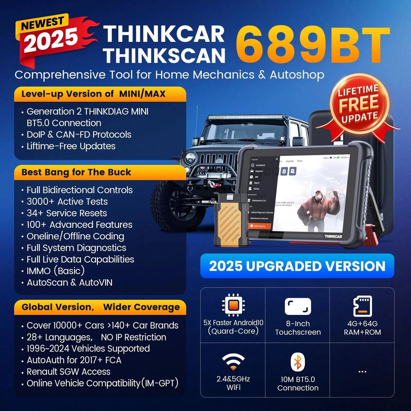 THINKCAR THINKSCAN 689BT Key Programming TKEY 101 Automotive Diagnostic Tool Bi directional Obd2 Scanner ECU Coding CANFD DOIP