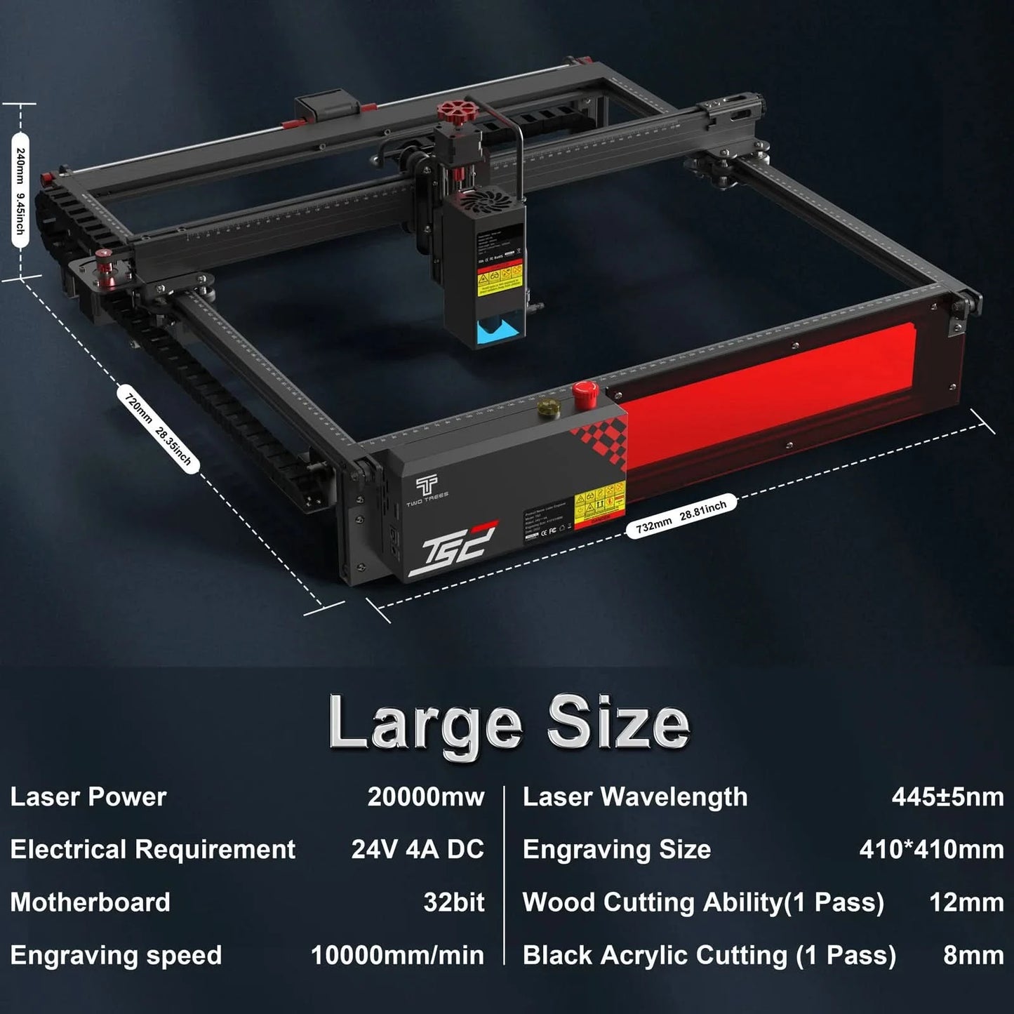 TWOTREES TS2 Metal Laser Engraving Machine 22W Laser Cutting 12mm Wood Acrylic Engraving Size 410*410mm