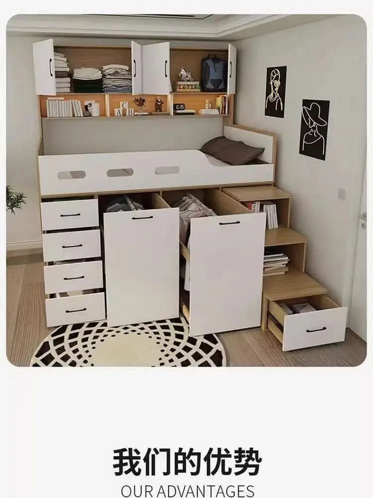 Small apartment solid wood high box storage bed wardrobe integrated, bed desk combination bed, multi-functional elevated bed