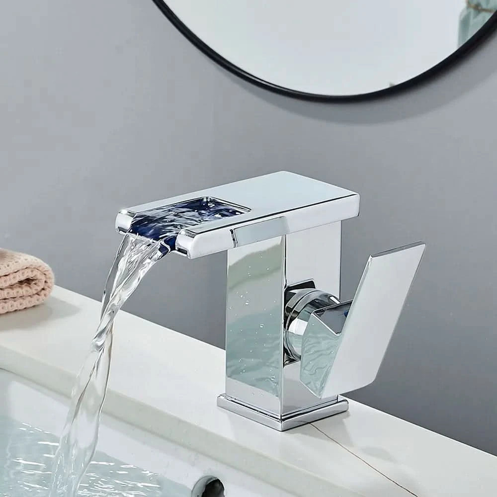 Rozin LED Bathroom Basin Faucet Black Waterfall Sink Faucets Hydroelectric LED Deck Mounted Crane Hot Cold Water Mixer Tap