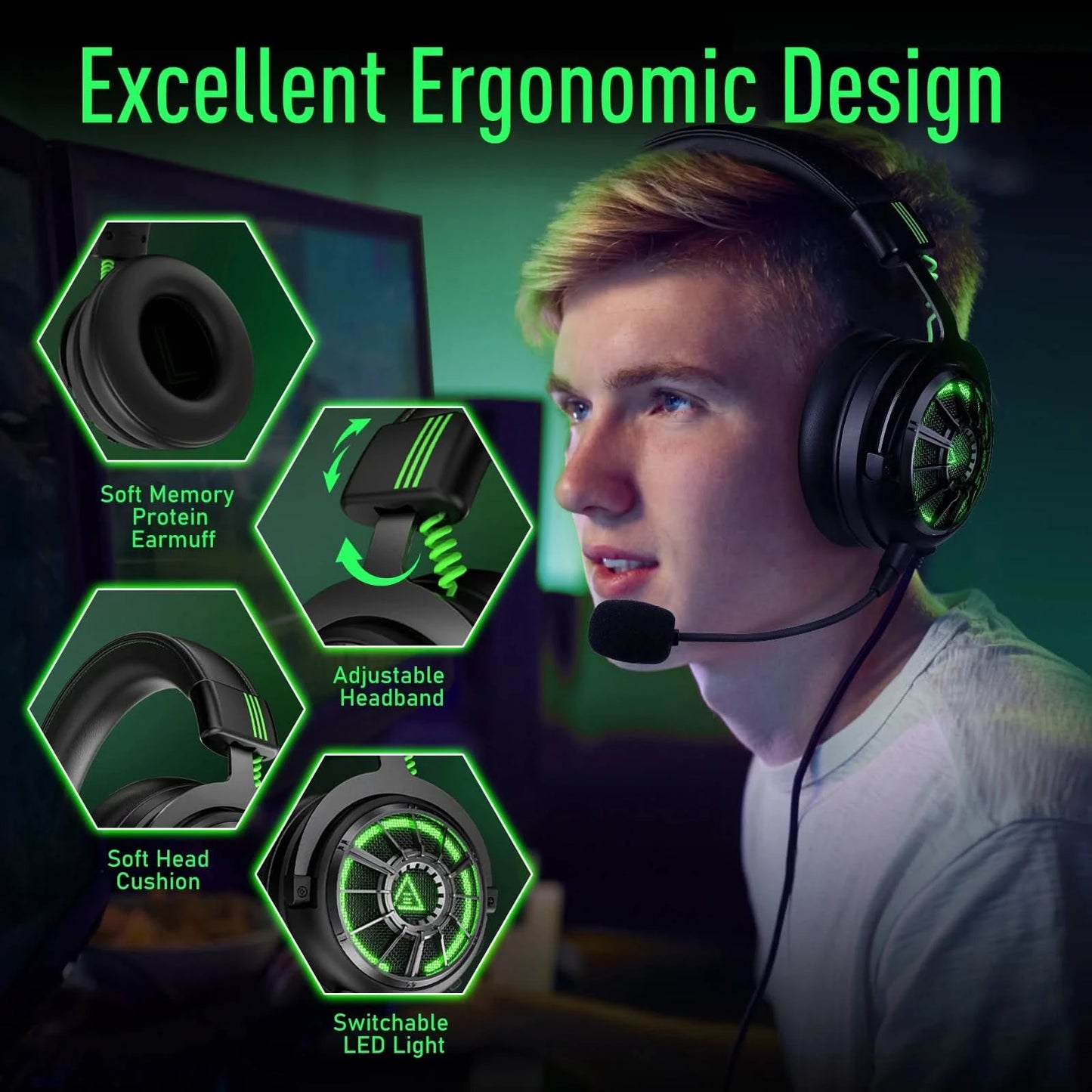 EKSA StarEngine Pro Gaming Headset Gamer 7.1 Wired Over Ear Headphones with ENC Noise Cancelling Microphone For PC/PS4/PS5/Xbox
