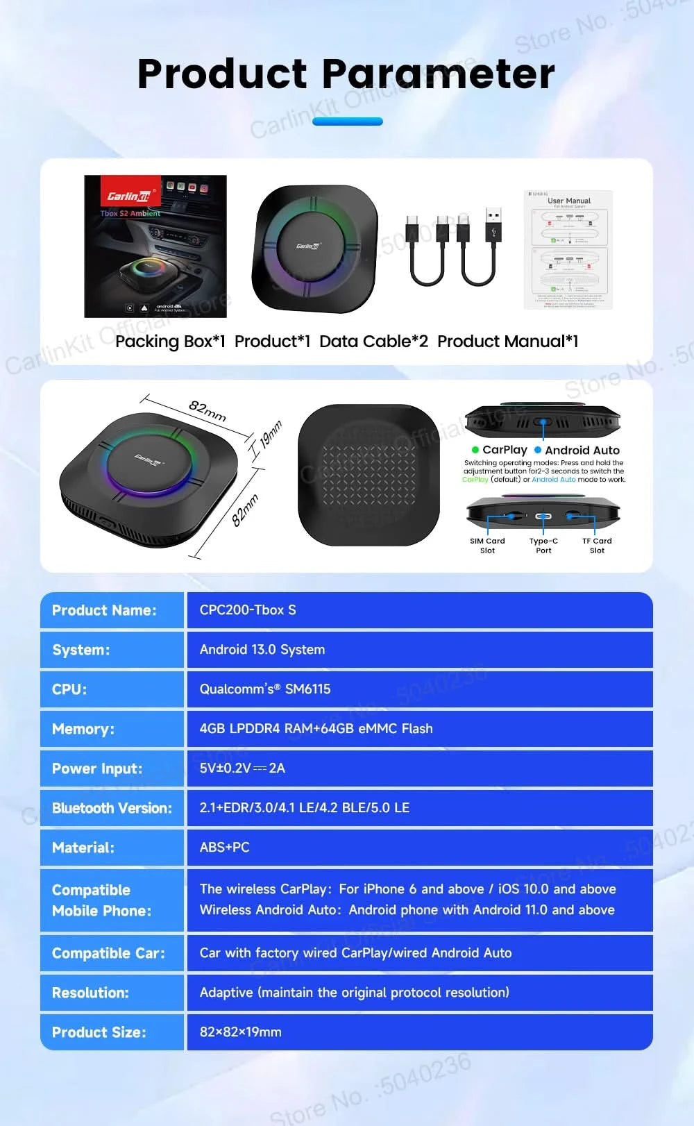 CarlinKit S2 CarPlay Ai Box LED Android 13 Streaming Box 64G/128G Qualcomm 8-Core Split Screen Car Intelligent System Play Video