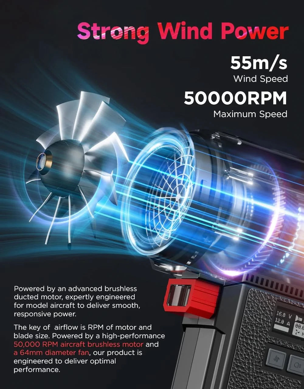 Booster Turbo Fan Car Dryer with LED Lighting, Powerful Air Blower, Brushless, Durable, High-Speed, Powerful, 4000mA, 1400G