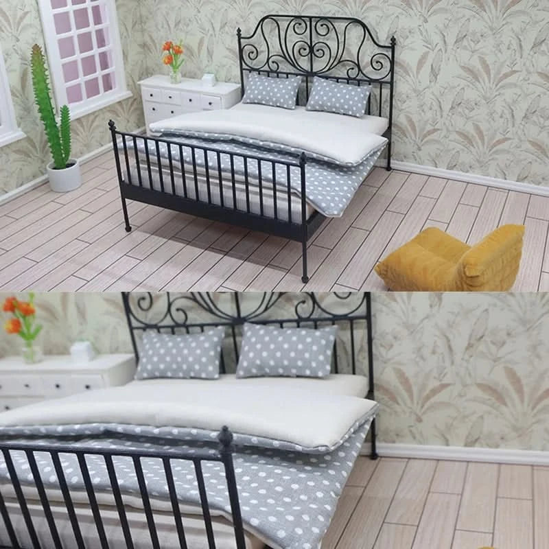 1/12 Dollhouse Simulation European Bed With Mattress Pillow Quilt Doll Home Iron Art Double Bed Bedroom Furniture Decoration Toy