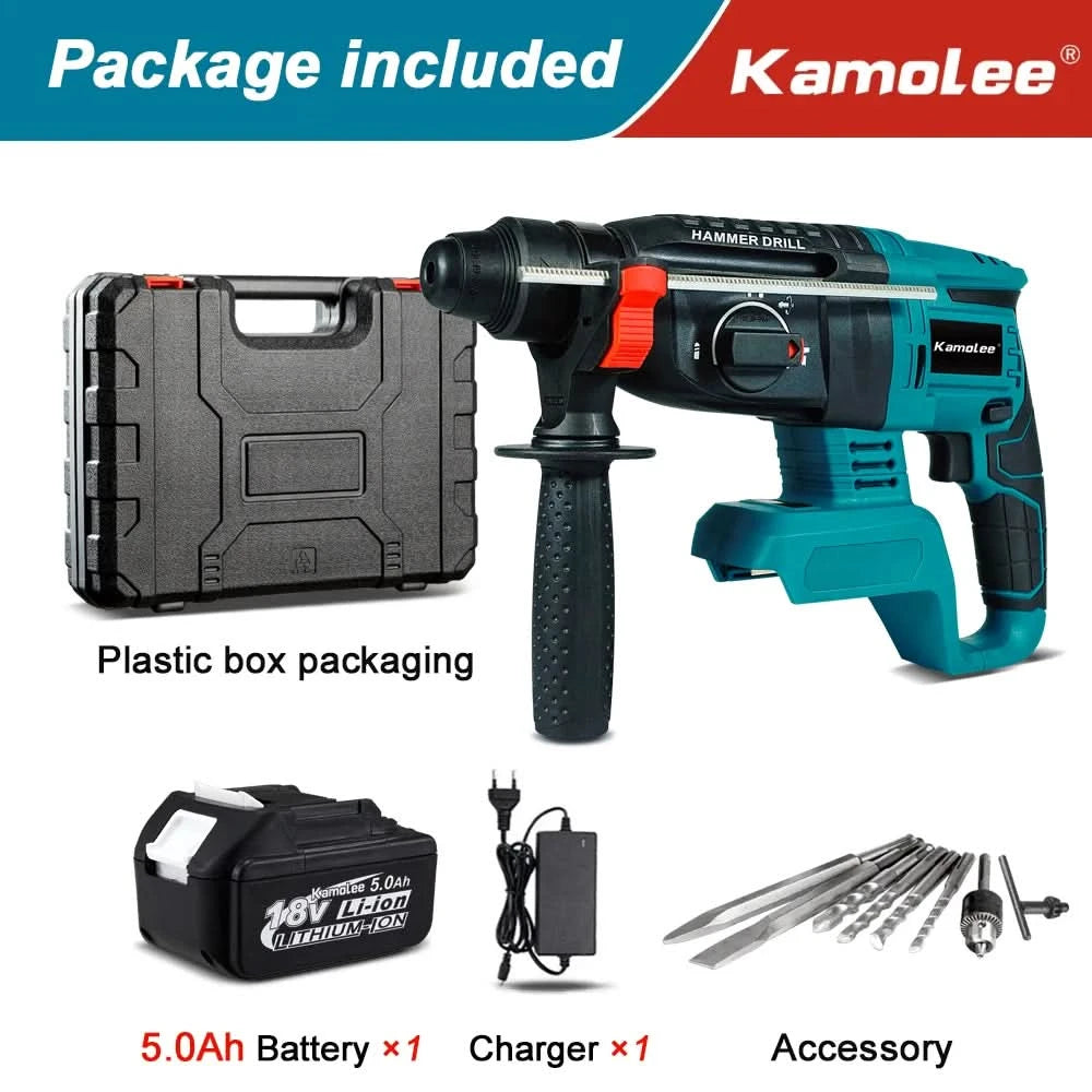 Kamolee 2000W 10600IPM Brushless Cordless Rotary Hammer Drill Rechargeable Electric Hammer Impact Drill