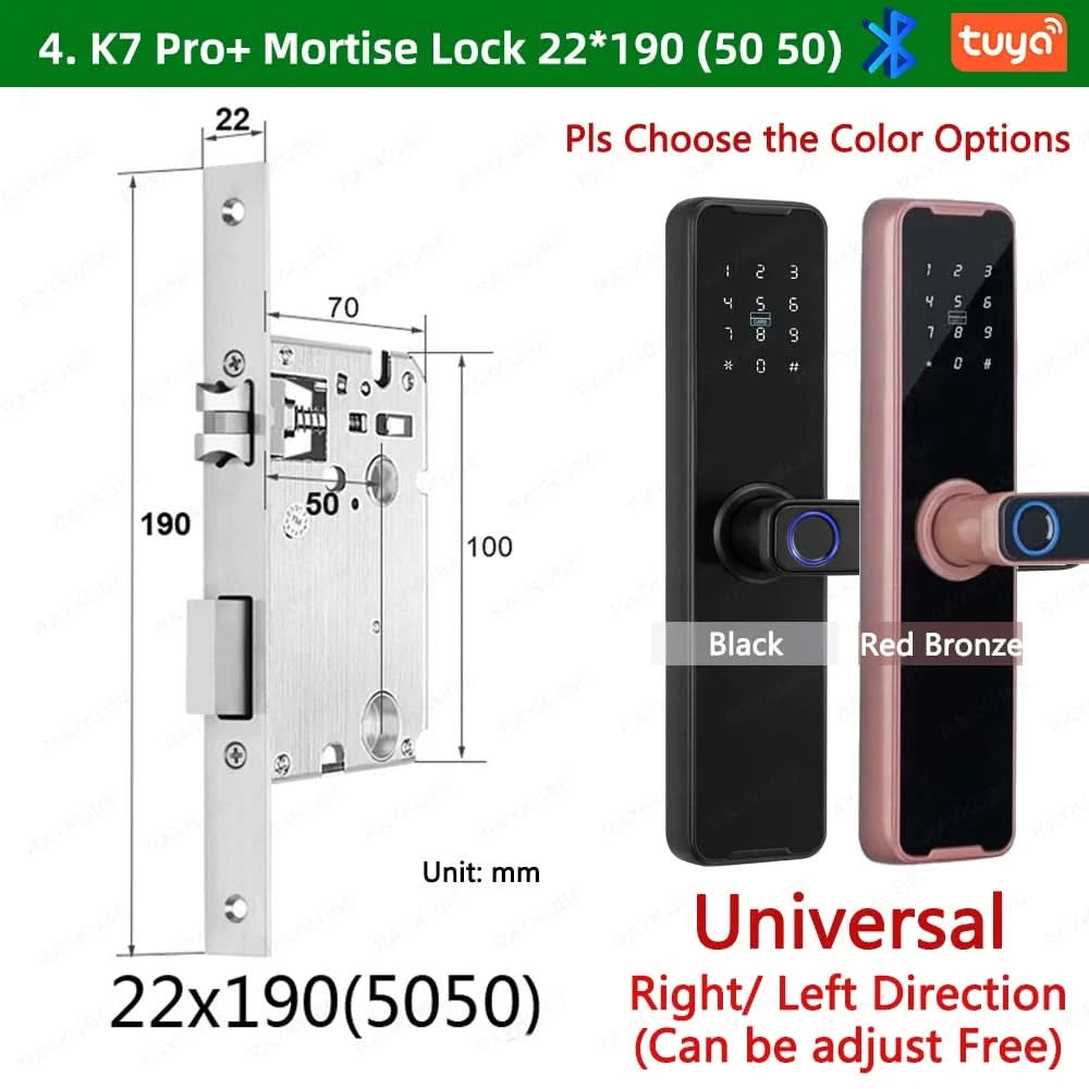 Do Brasil RAYKUBE Black K7 Pro+ Tuya Bluetooth Biometric Fingerprint Door Lock Smart Digital Lock Tuya App Unlock Keyless Lock