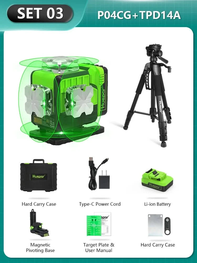 Huepar 16 Lines 4D Laser Level P04CG 360 Horizontal And Vertical Self-Leveling Bluetooth Remote Control With Li-ion Battery