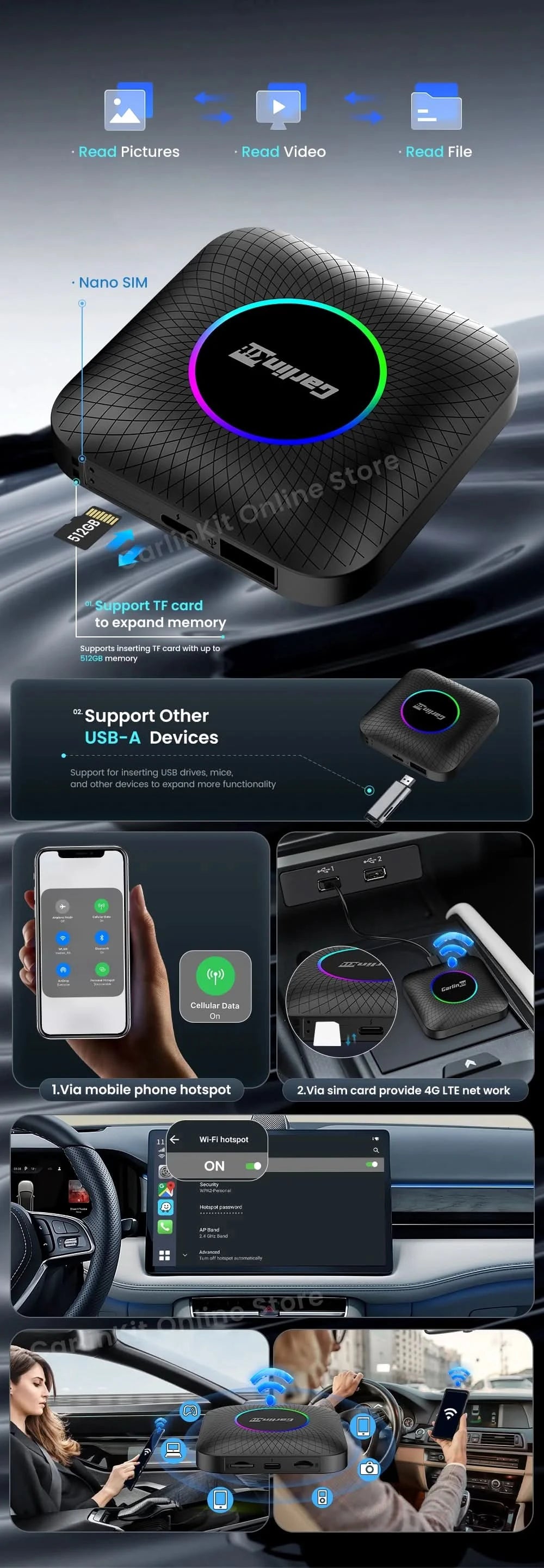 Carlinkit SDM660 Aibox Android 13 USB-A CarPlay Android Auto Wireless Adapter Support Online Video Spotify Netfilx Ble Wifi