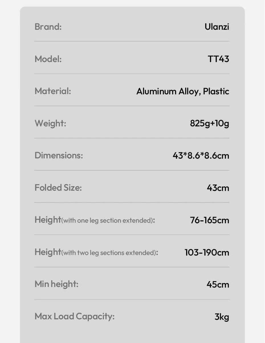 Ulanzi TT43 Reversible Leg Light Stand 1.9m Foldable Portable Light Stand Tripod for Max Load 3kg for DSLR Camera Smartphone
