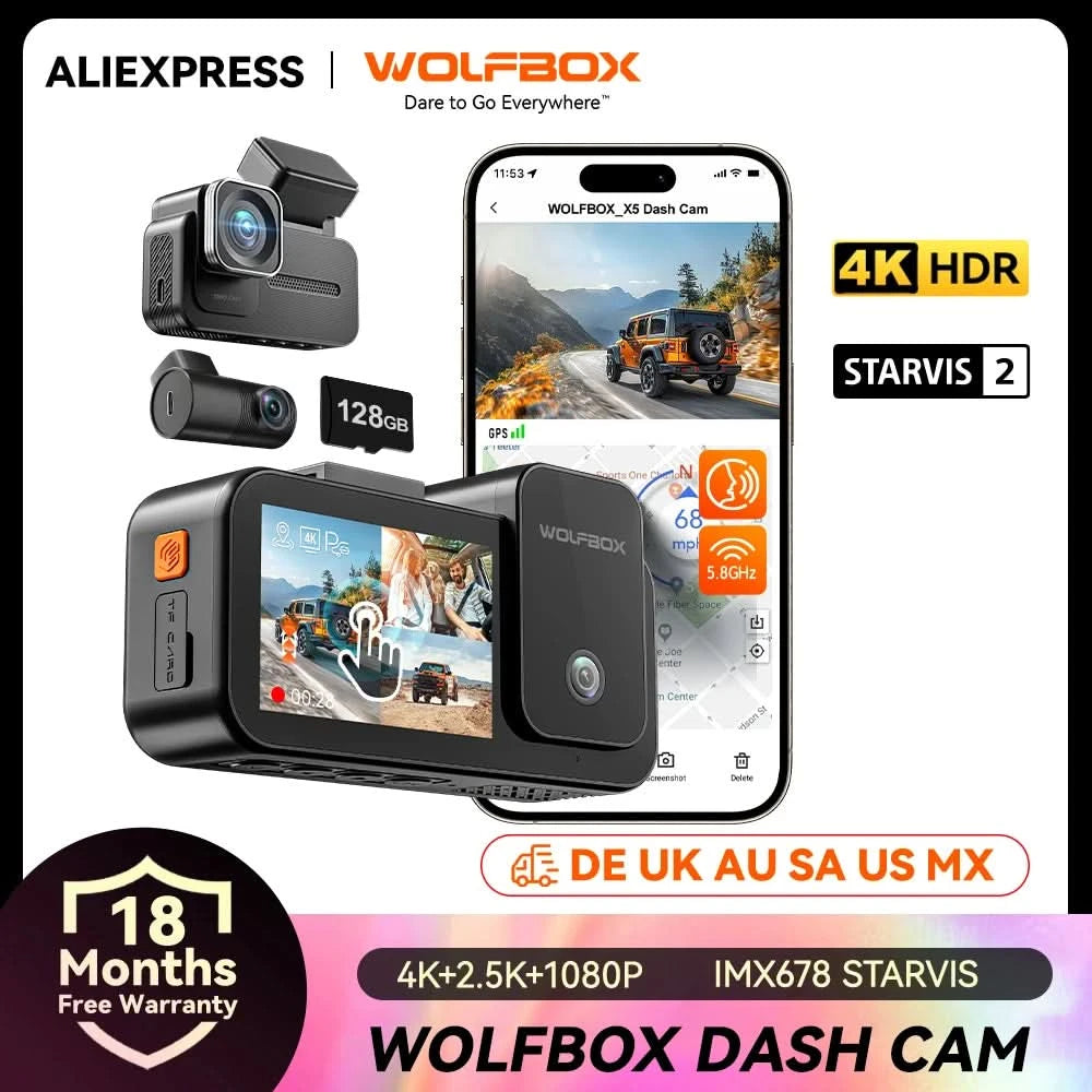 WOLFBOX X5 3 Channel 4K Dash Cam STARVIS 2 IMX678 4K+2.5K Front and Rear Inside Triple Car Camera 5.8GHz WiFi Mirror Car DVR