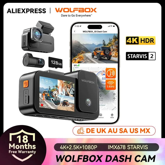 WOLFBOX X5 3-Kanal 4K Dashcam STARVIS 2 IMX678 4K+2.5K Dreifach-Auto-Kamera für vorne, hinten und innen 5.8GHz WiFi Spiegel-Auto-DVR