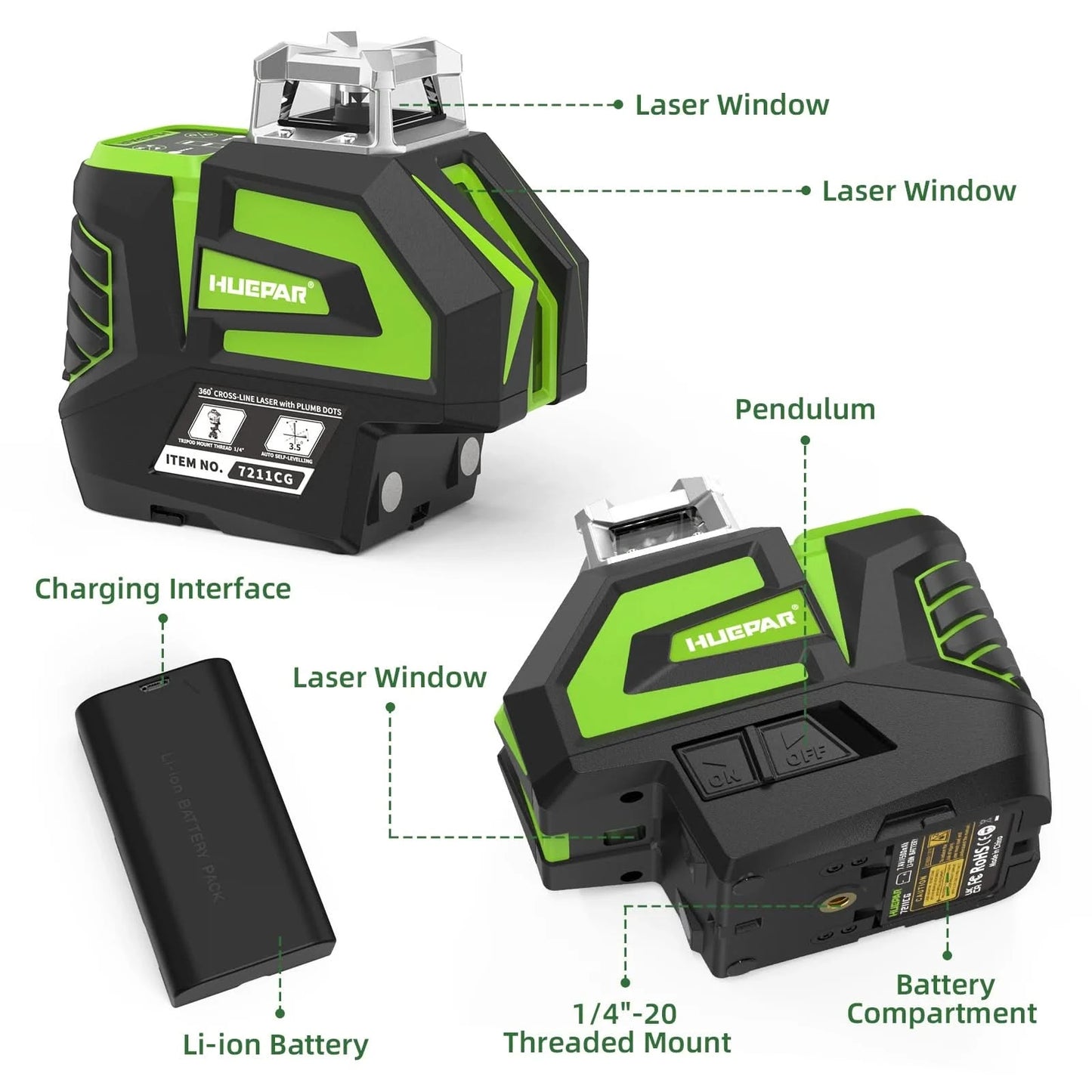 Huepar 7211CG Green Laser Level Self-Leveling Cross Line 2 Plumb Dots Li-ion Battery 360° Horizontal Line Fan Angle Laser Tool