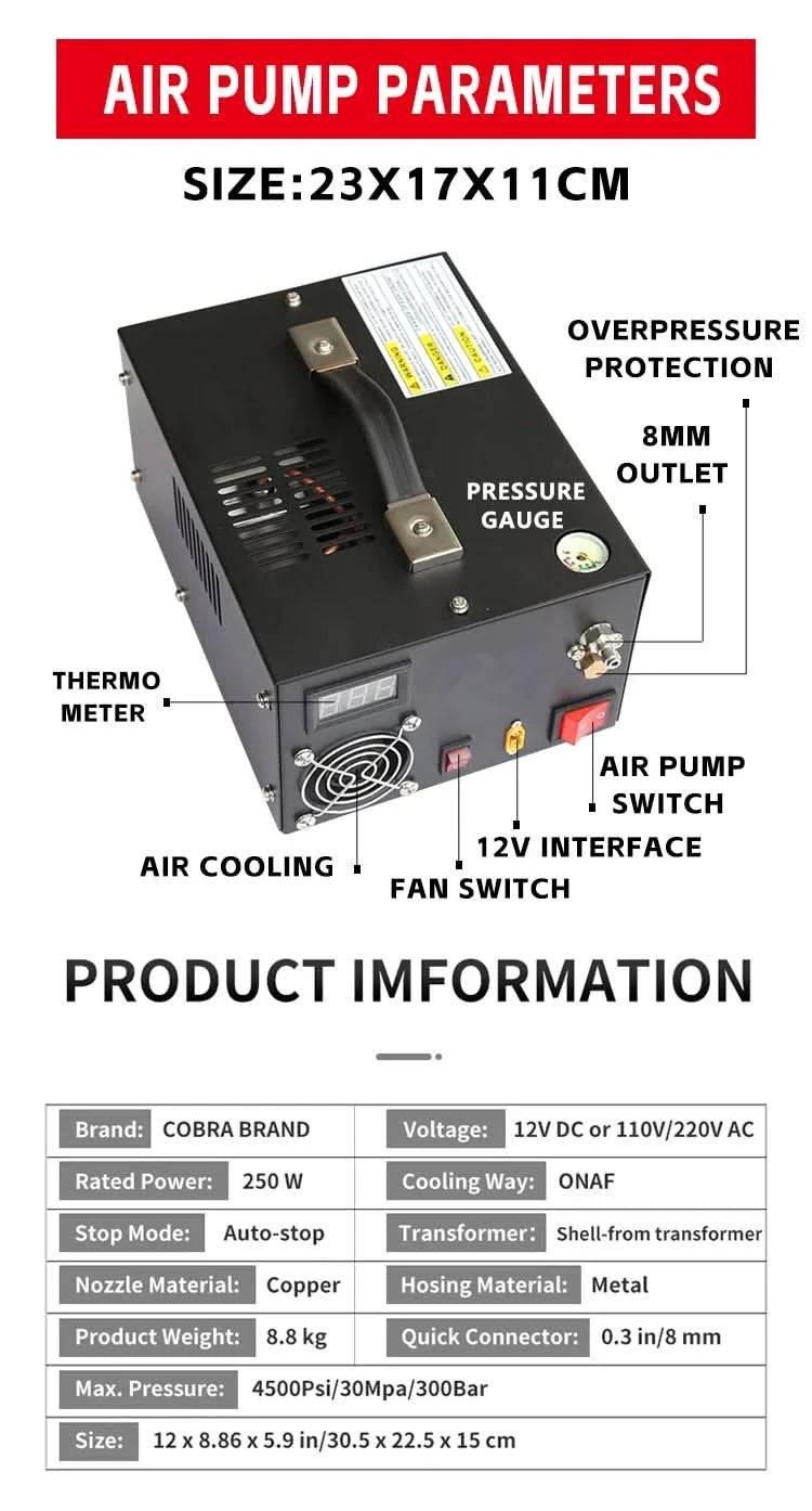 220V 12V Pcp Air Compressor 300Bar 4500psi Pneumatic Rifles Diving High Pressure Pump  30MPA PCP Shooting Pump Inflator