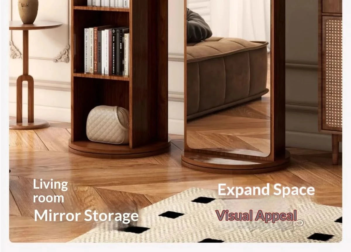 Full Length Floor Mirror Rotating Wooden Frame Bookshelf Full Body Standing Mirror Bedroom Living Room Large Luxury No Warping