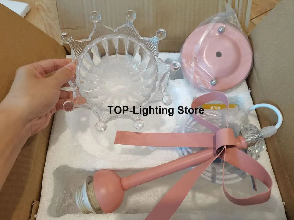 Romatic Princess Room Girl LED Pendant Lamp For Bedroom Lighting Ceramic Glass Sconces Pink Bowknot Ceiling Suspended Light