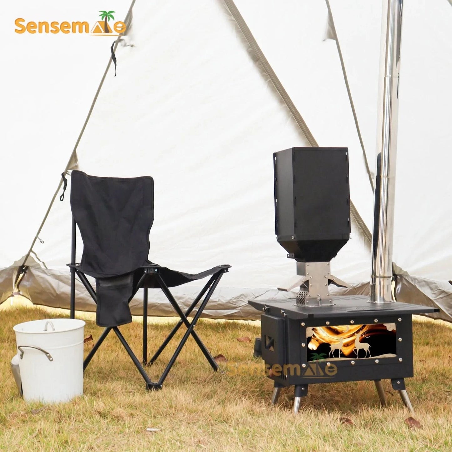 Camping Wood Stove Fire View Side Glass Portable Folding Wood Burner with Chimney Stainless Steel Tent Heater for Ice Fishing