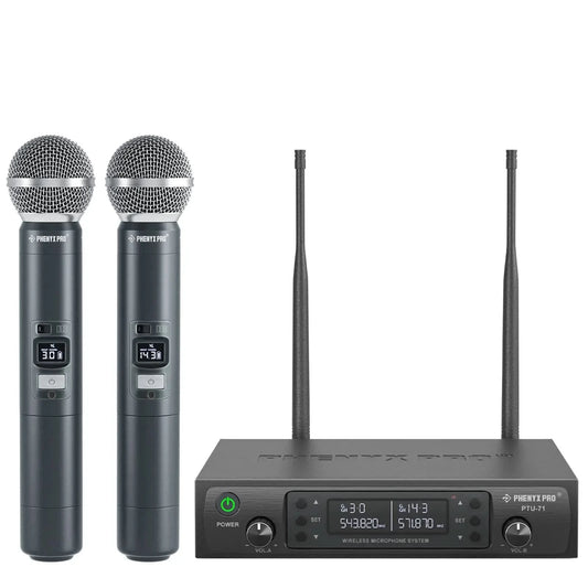 Phenyx Pro UHF Professionelles einstellbares Dual-Funkmikrofonsystem für Bühnenauftritte, robuste Metallkonstruktion, 100 m PTU71
