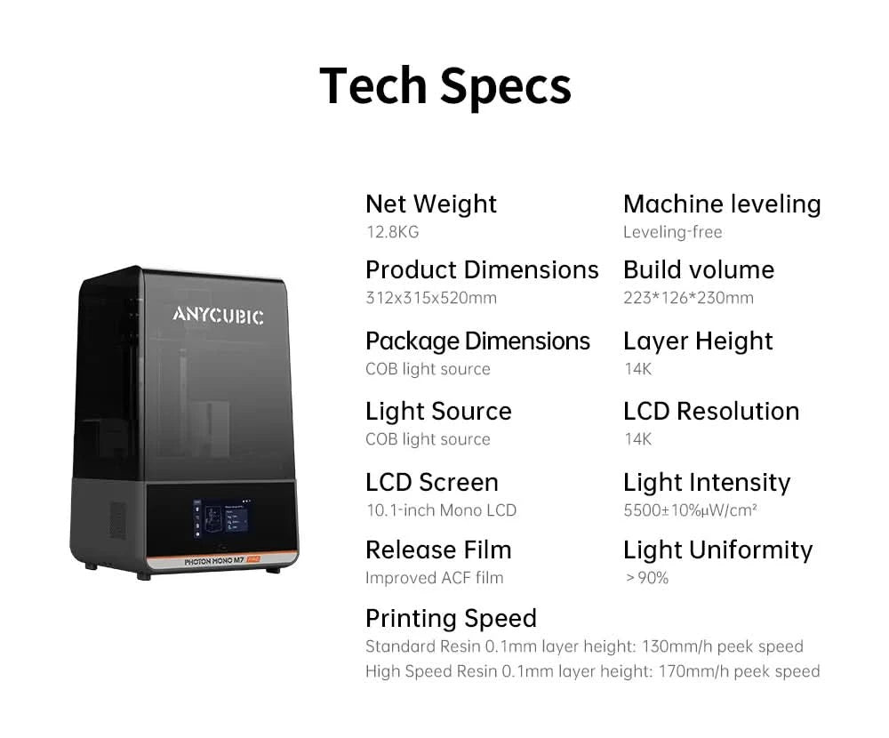 ANYCUBIC Photon Mono M7 Pro 14K Speed Up to 170mm/h Mono MSLA 3D Printer 10.1'' LCD Resin 3D Printer Size223*126*230m