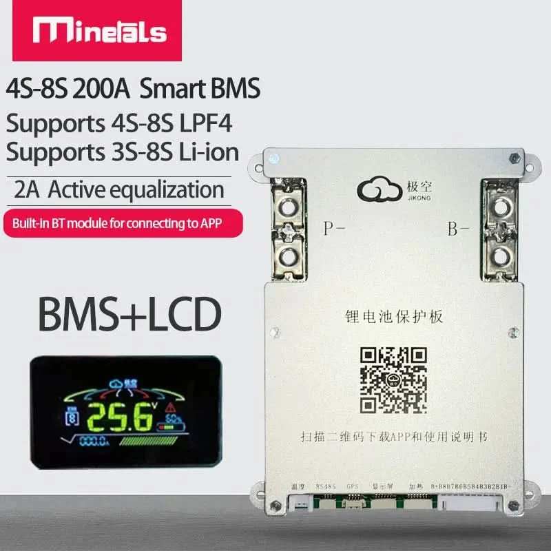 Jikong JK BMS 4S 5S 6S 7S 8S 200A Smart BMS 2A Active Balance Energy Transfer Built-in Bluetooth APP Support LCD 12V 24V 3S BMS
