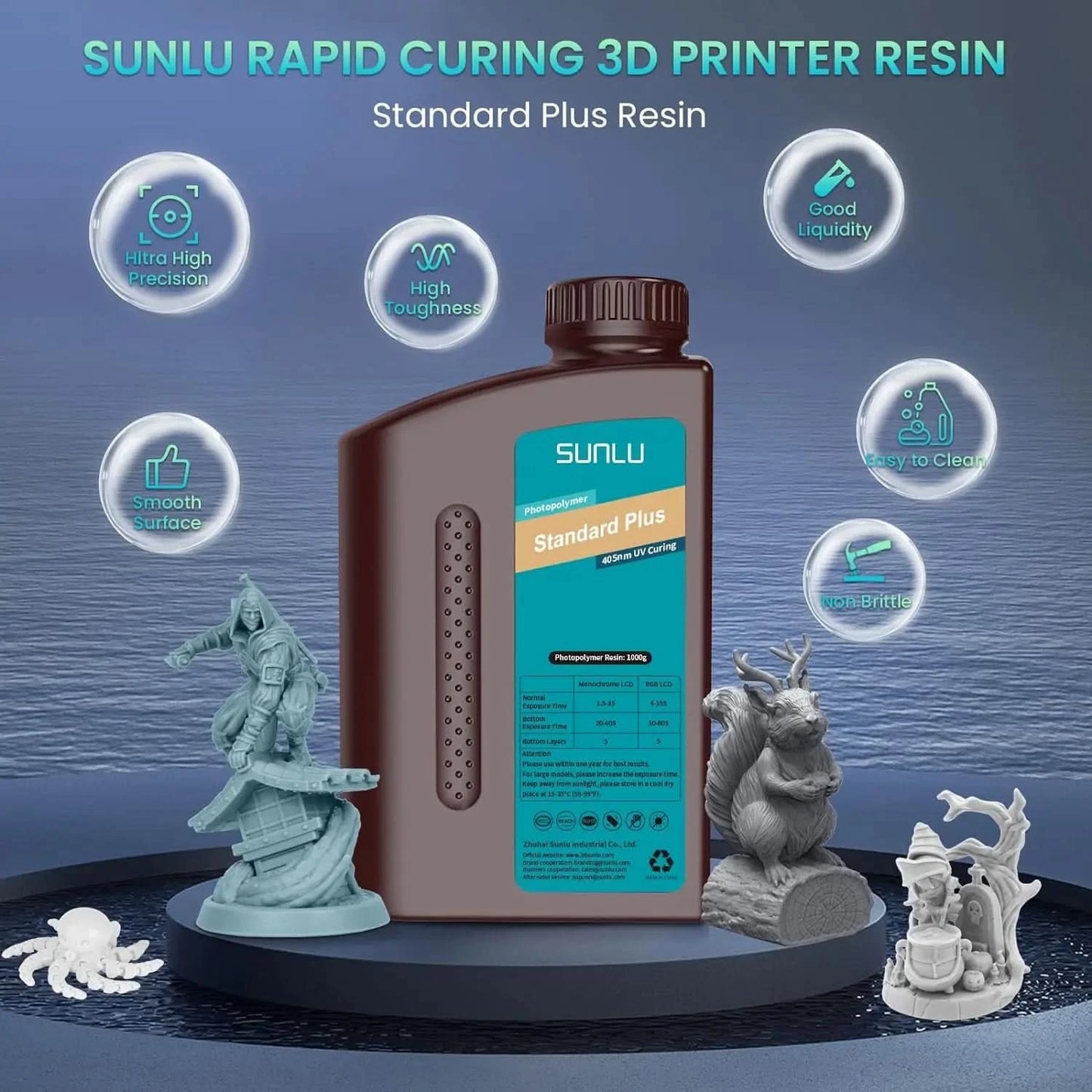 SUNLU 5KG Standard Plus/14K Standard Resin 1KG/Bottle 405nm Rapid UV-Curing Photopolymer Resin For LCD 3D Printer Material