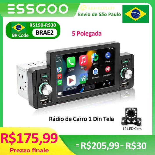 ESSGOO Rádio de Carro 1 Din Tela de 5" Sensível ao Toque  MP5 Multimídia Espelhamento Tela Navegação e Câmera Ré