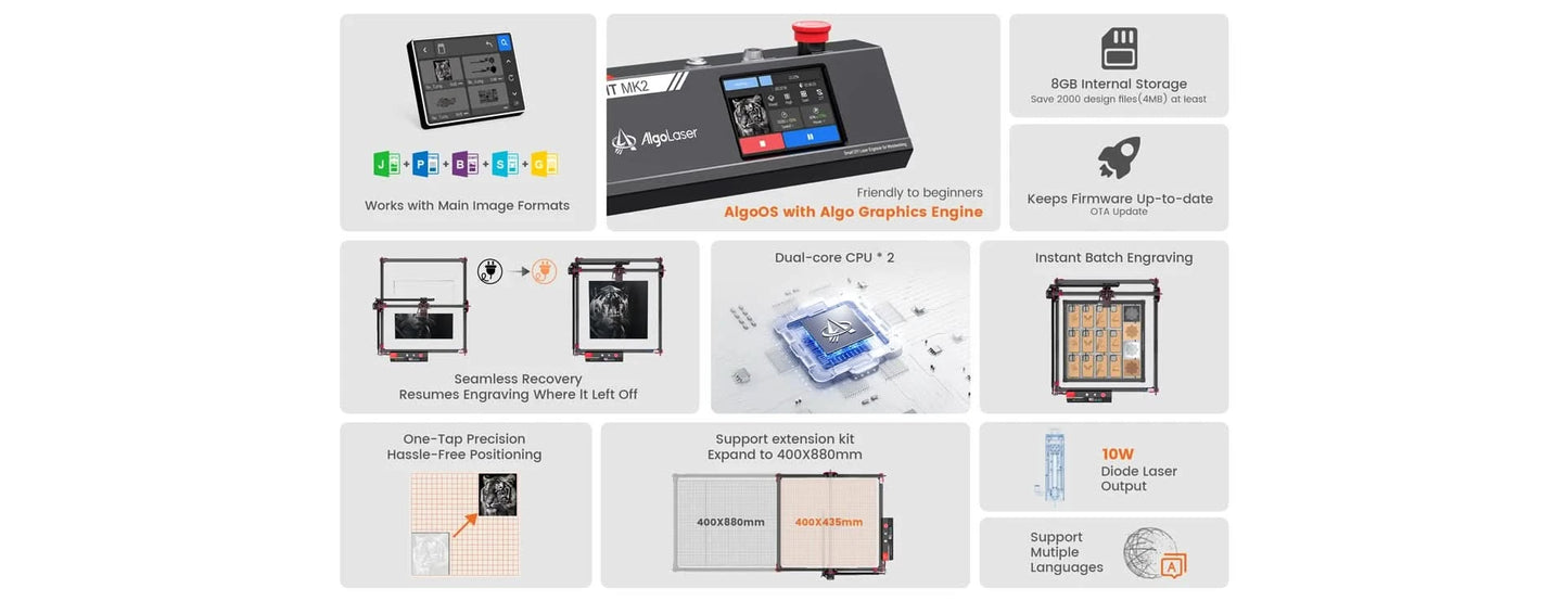 AlgoLaser DIY KIT MK2 10W Laser Engraving Cutting Machine Touch Screen for Wood Metal 10W Output Power Offline Work 400X435MM