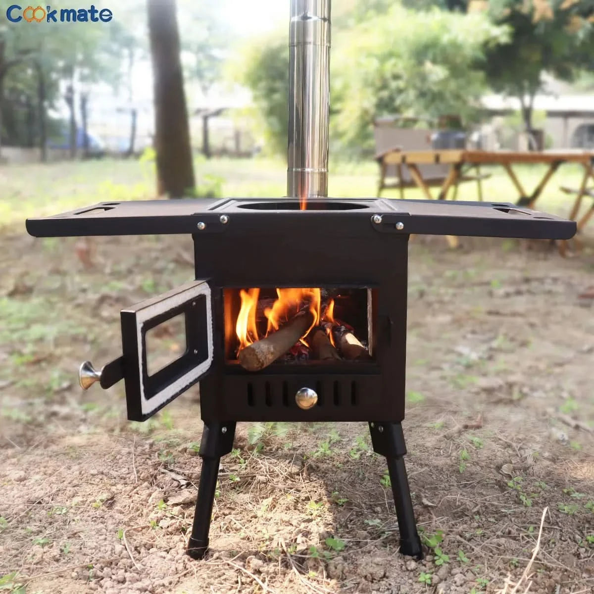 Camping Wood Stove Fire View Side Glass Portable Folding Wood Burner with Chimney Stainless Steel Tent Heater for Ice Fishing