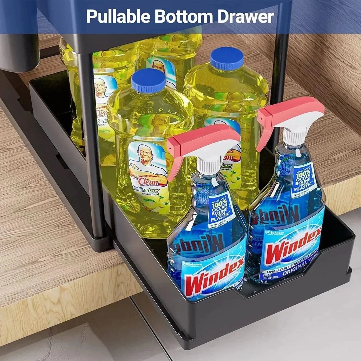 Two-level Pull-down Sink Shelving Sliding Cabinet Basket Shelving Storage Shelf Hanging Cup Bathroom Kitchen Shelving