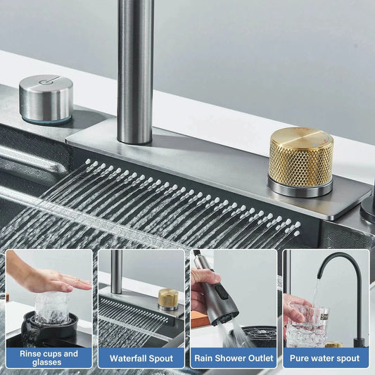 304 Stainless Steel Waterfall Kitchen Sink Sink Large Single basin With Large Single Slot Sink Above Counter With Cup Disher