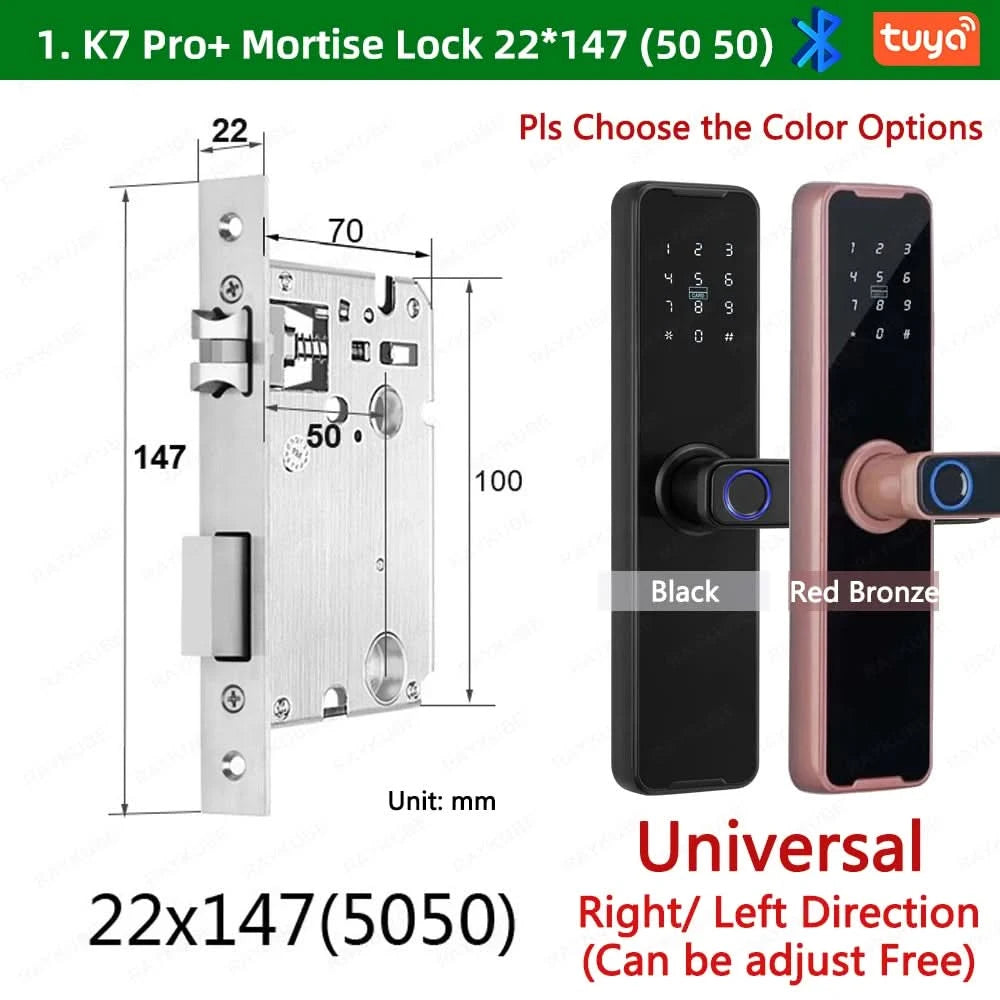 Do Brasil RAYKUBE Black K7 Pro+ Tuya Bluetooth Biometric Fingerprint Door Lock Smart Digital Lock Tuya App Unlock Keyless Lock