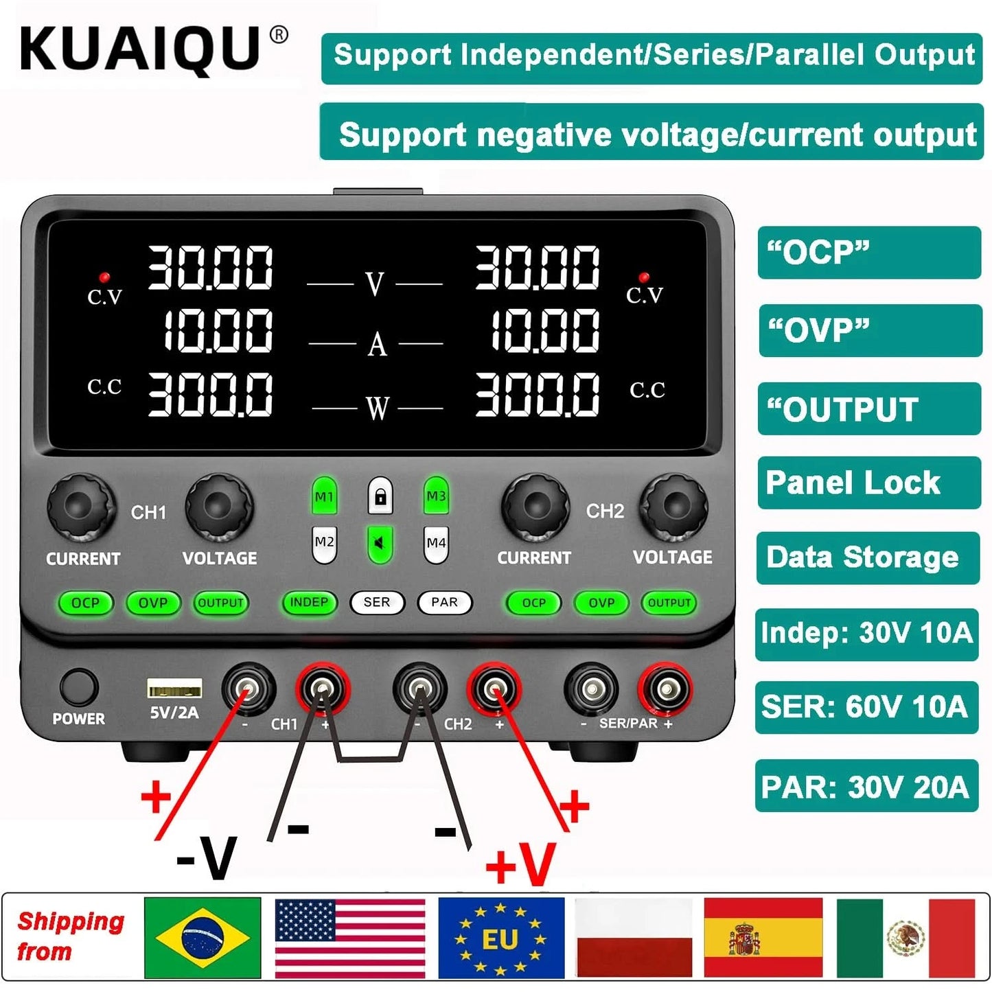 NICE-POWER 30V 10A Dual-Channel DC Lab Power Supply 60V 120V 240V Double Bench Power Source Positive & Negative Voltage Output