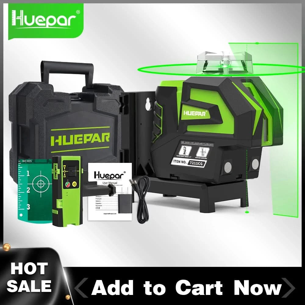 Huepar 7211CG Green Laser Level Self-Leveling Cross Line 2 Plumb Dots Li-ion Battery 360° Horizontal Line Fan Angle Laser Tool