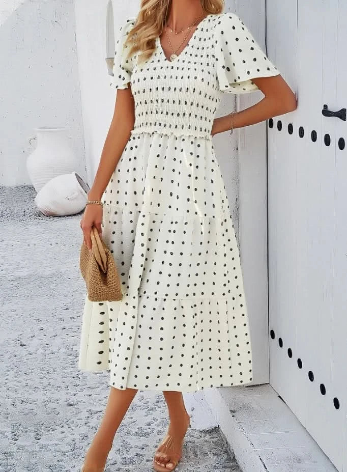 Women's Casual Solid V-Neck Short Sleeve A-Line Dress Temperament Commuting Summer New Fashion Women Clothes Pullover Dresses