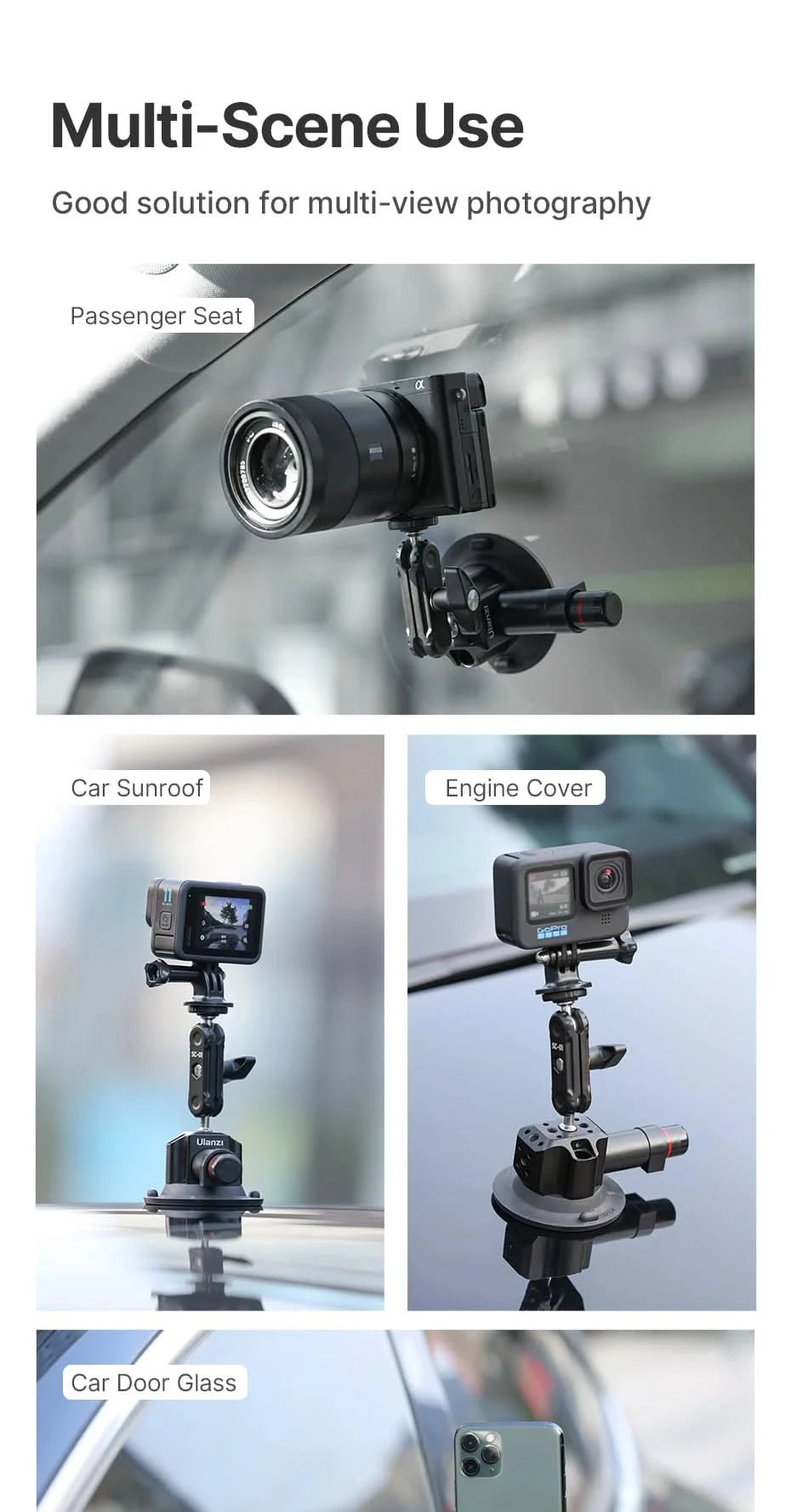 Ulanzi Car Phone Action Camera Holder Hand Pump 360° Suction Cup Adjustable Professional For GoPro for Insta360 for DJI Action