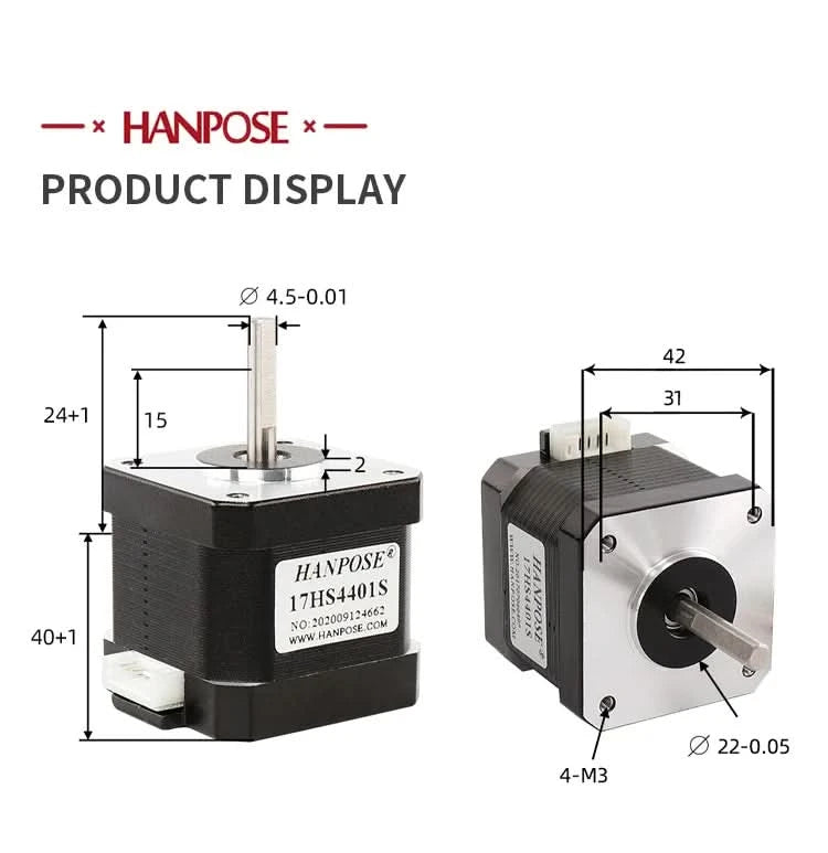 HANPOSE Nema17 stepper motor, torque 78 oz-in (52 N-cm), current 1.8 A. Models 17HS8401 17HS 2408 17HS3401S 17HS4401S 17HS6401S