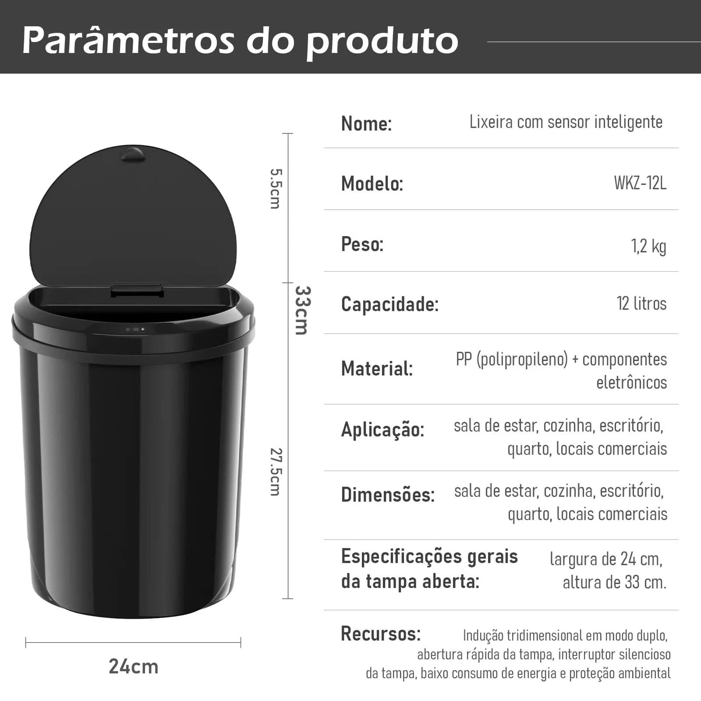 Lata de lixo sensor de toque automático lata lata de lixo plástico cozinha latas sala estar capacidade do agregado familiar