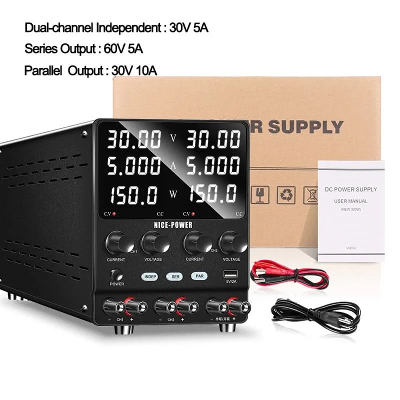 NICE-POWER 30V 10A Dual-Channel DC Lab Power Supply 60V 120V 240V Double Bench Power Source Positive & Negative Voltage Output