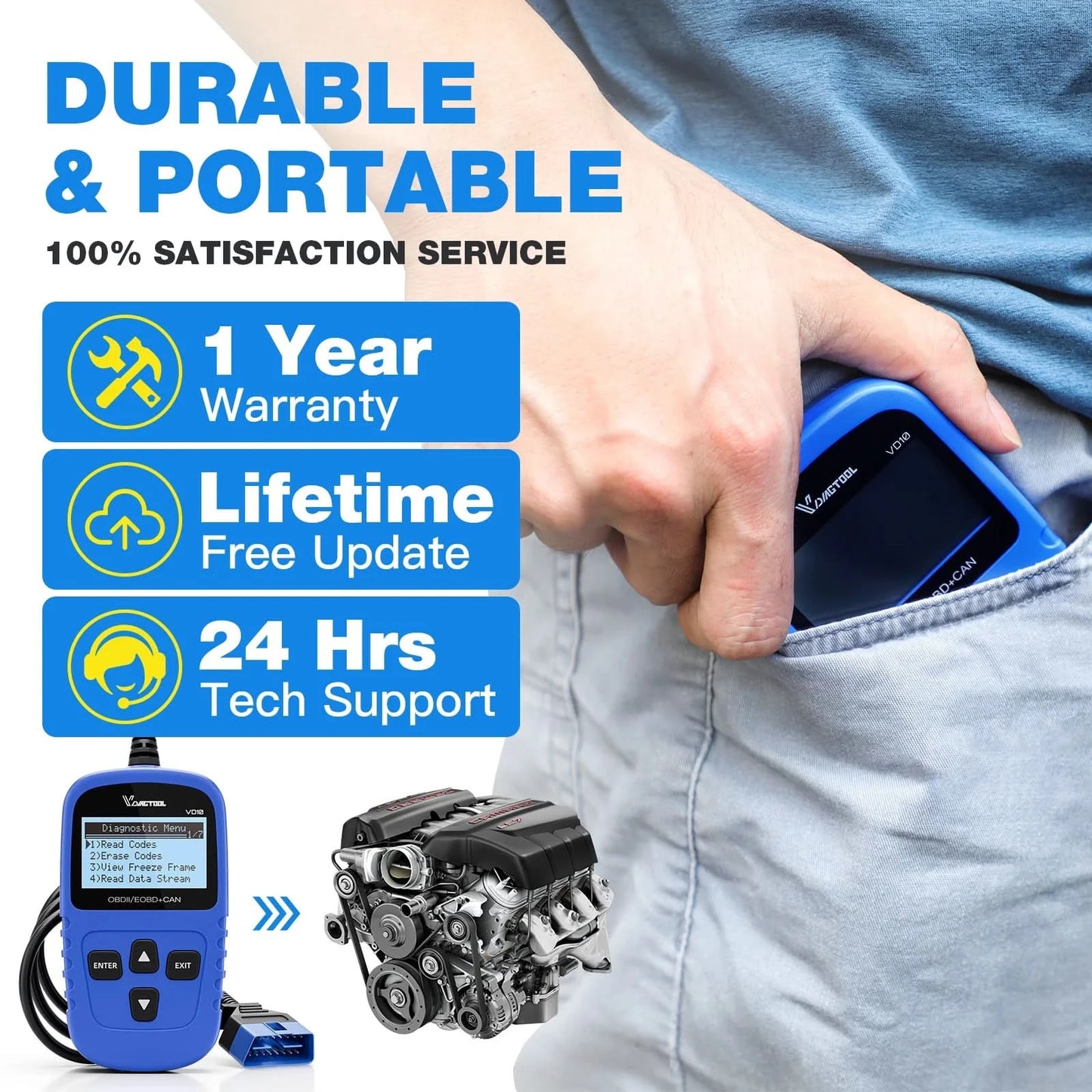 VDIAGTOOL VD10 OBD2 Scanner Diagnostic Tool Automotive Scanner With I/M Readiness Code Reader Check Engine Lifetime Free Update