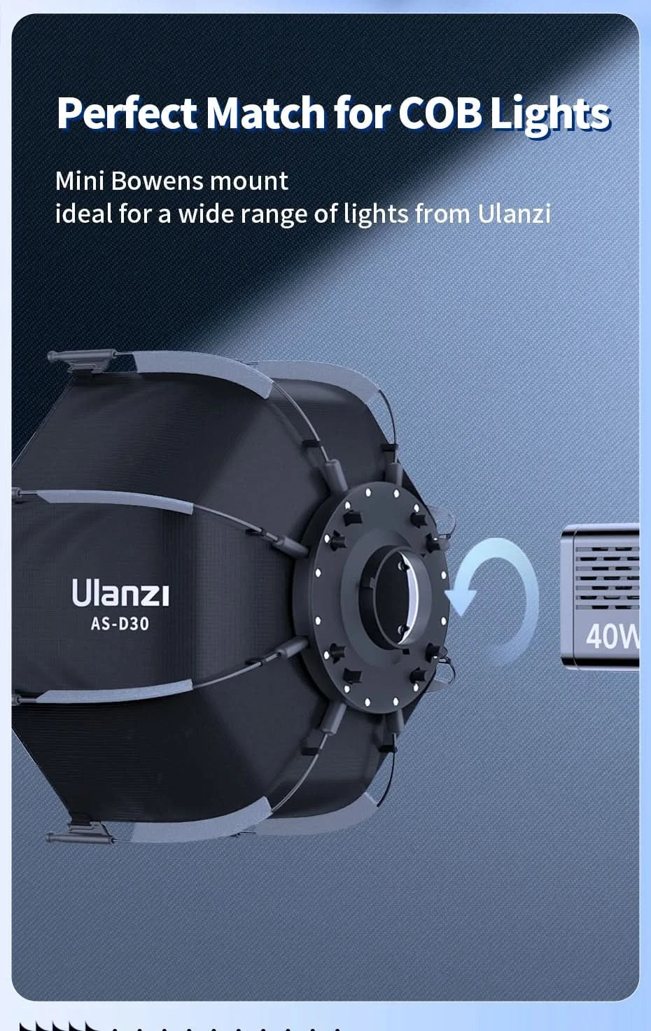 Ulanzi AS-D30 30cm Octagonal Softbox Mini Bowens Mount Quick Release Honeycomb Grid Softbox for Ulanzi LT028 LT005 COB Light